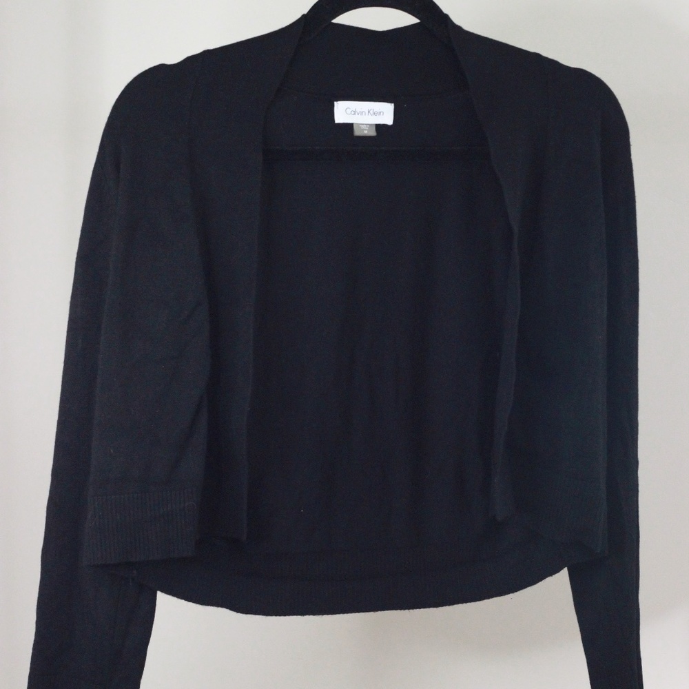 Calvin Klein Women's Black 3/4 Sleeve Open Front Cropped Jersey Cardigan Topper